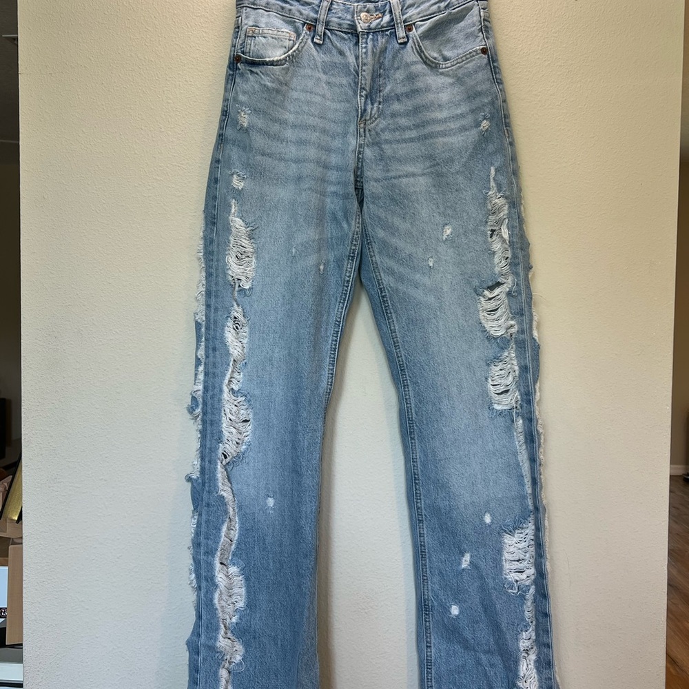 Zara Light Blue Distressed Straight Leg Jeans